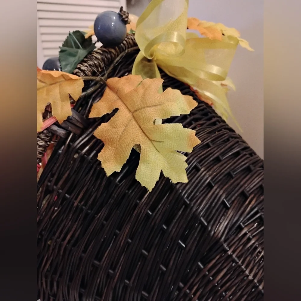 Autumn Harvest Cornucopia with Vibrant Accents Berries Leaves Beads Ribbons